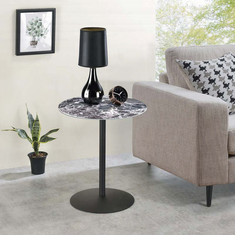Table de bout en marbre noir texturé avec base en acier, Noir