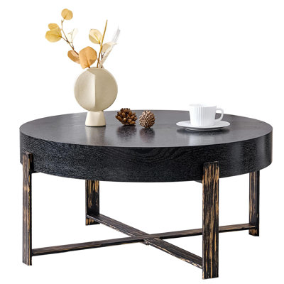 30.7” Round Coffee Table, Black Modern Center Table with Wood Top Metal Base for Apartment Living Room