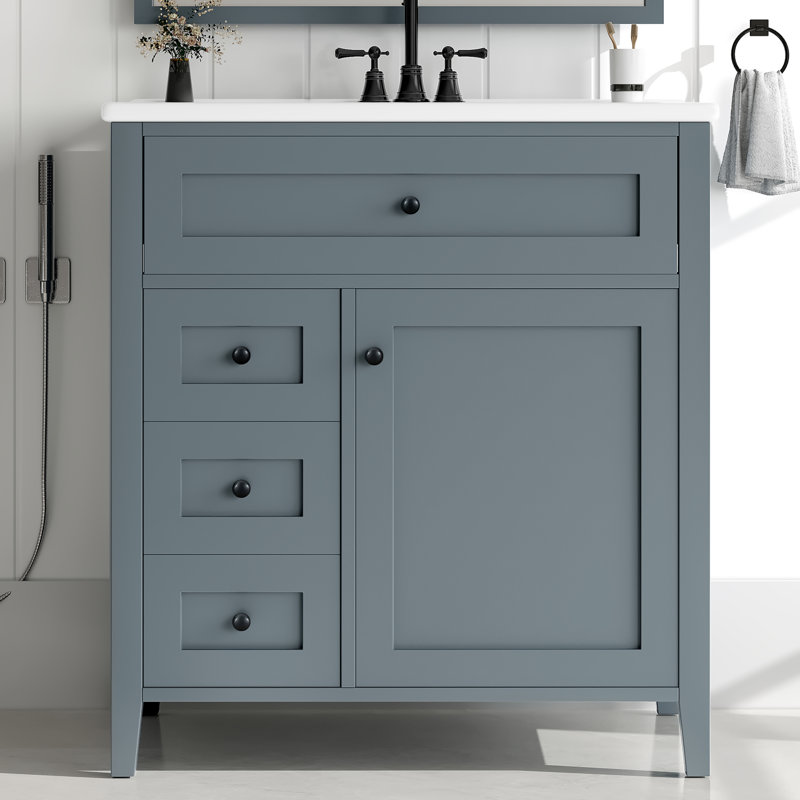  Meuble-lavabo autoportant avec rangement à 3 tiroirs de 30 po avec lavabo et 30 tiroirs, BlueGray, Grey