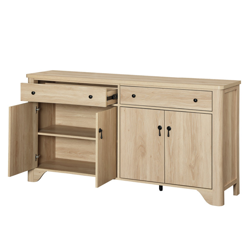 Haikey 59" Wide Sideboard Buffet With  4 Doors And 2 Drawers, Adjustable Shelves, Oak