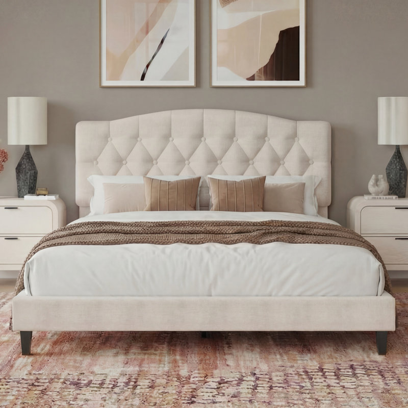 Beige Upholstered Platform Bed Frame – Button-Tufted Headboard, Slat Support, King