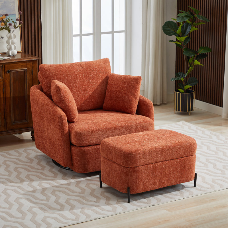 Chaise pivotante rembourrée avec repose-pieds avec rangement, Chenille orange