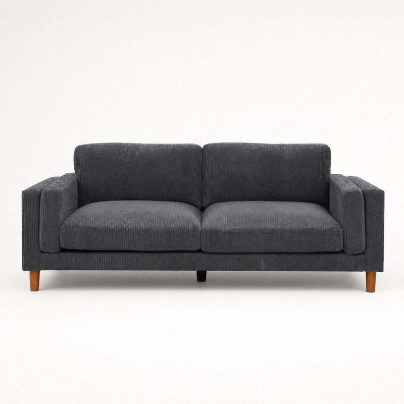 Beige Corduroy Upholstered Square Arm Sofa with Wood Legs, Gris foncé