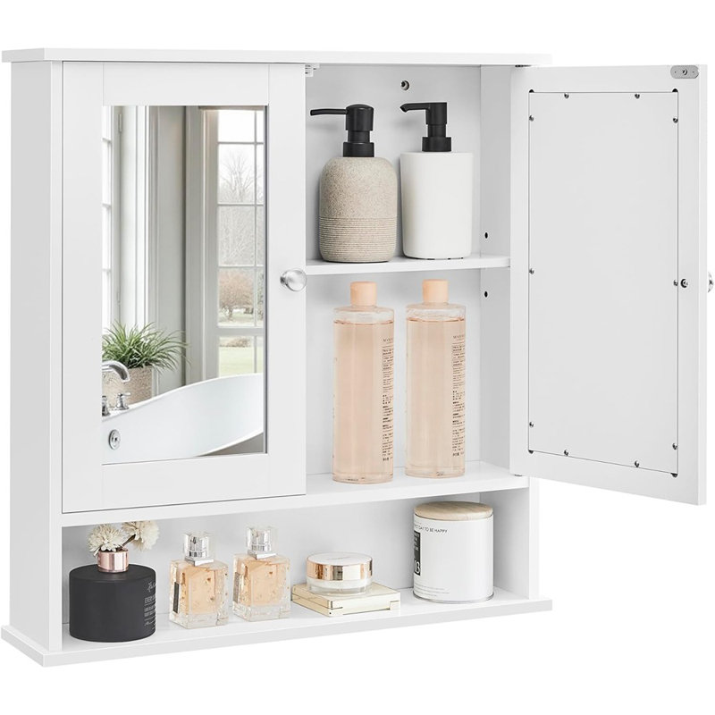 Armoire de salle de bain murale blanche avec miroir - 2 portes en miroir et tablette réglable