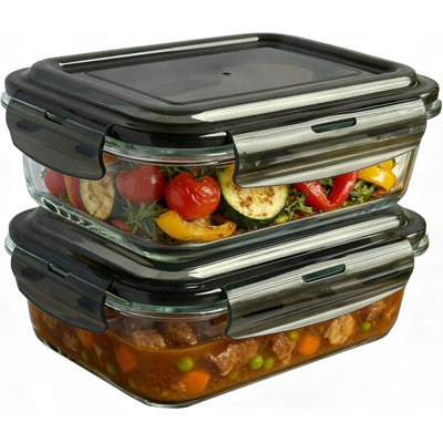 2 X Airtight Glass Food Storage Container 1100Ml Silicone Seal Plastic Lids Meal Prep Takeaway Lunch Boxes
