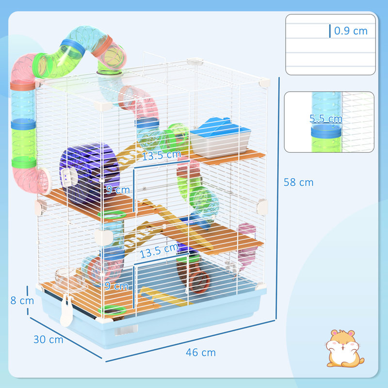 Cage à hamster 18 "à 5 niveaux avec tubes et tunnels, poignée de transport portative bleue, bouteille d'eau, plat à nourriture, roue d'exercice pour petits tubes de hamster, et
