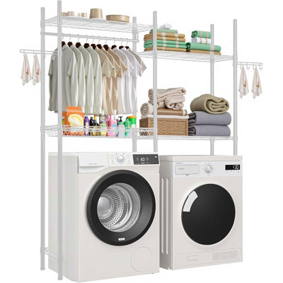 Over The Washer and Dryer Storage Shelf, 4 Tier Laundry Room Drying Rack with Hanger Rod and Hooks
