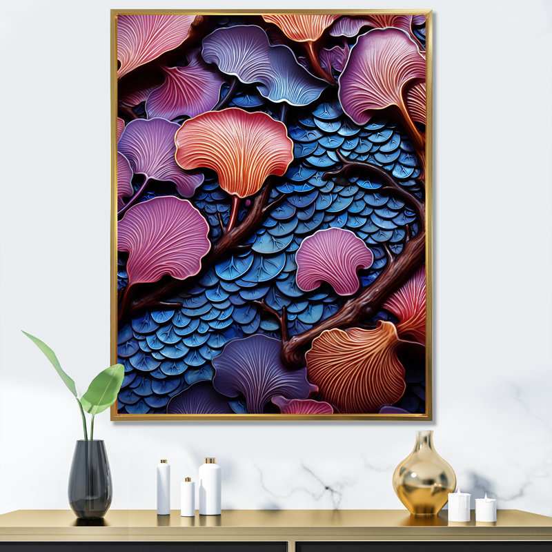 Art mural bleu et mauve abstrait rivière - Tachisme, Cadre flottant doré, H 60 po x l 28 po