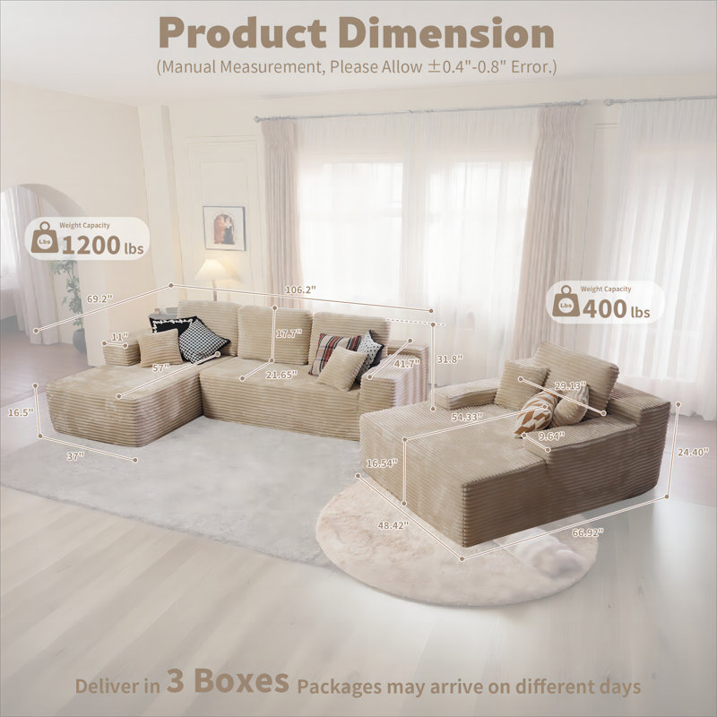 Canapé modulaire en velours côtelé avec causeuse et méridienne 3 pièces sans assemblage Seren, Orienté à gauche (vu de face)