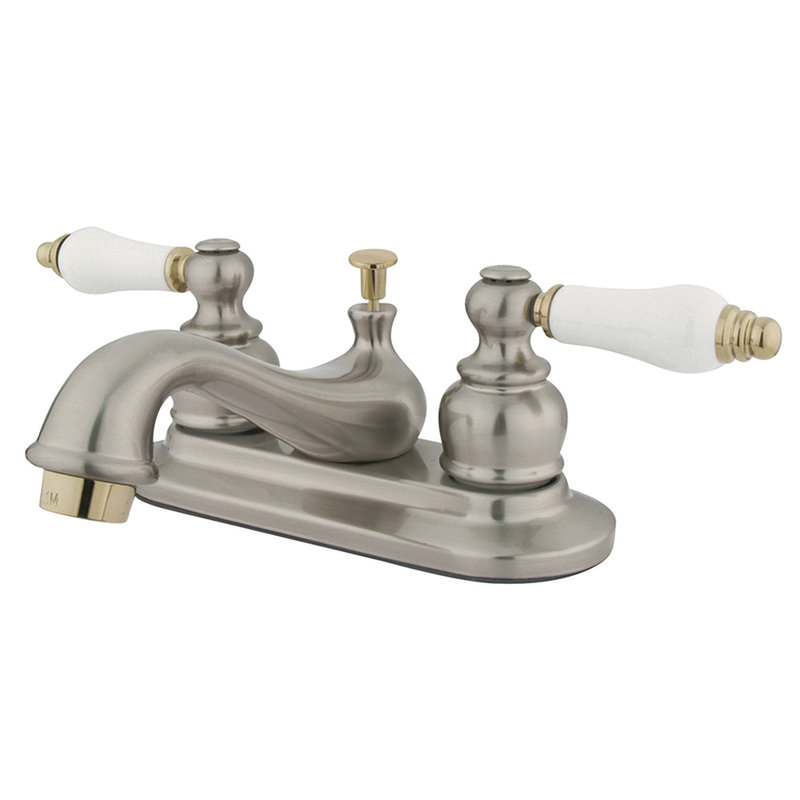 Kingston Brass Restoration Two-Handle 3-Hole Deck Mount 4" Centerset Bathroom Faucet with Plastic Pop-Up