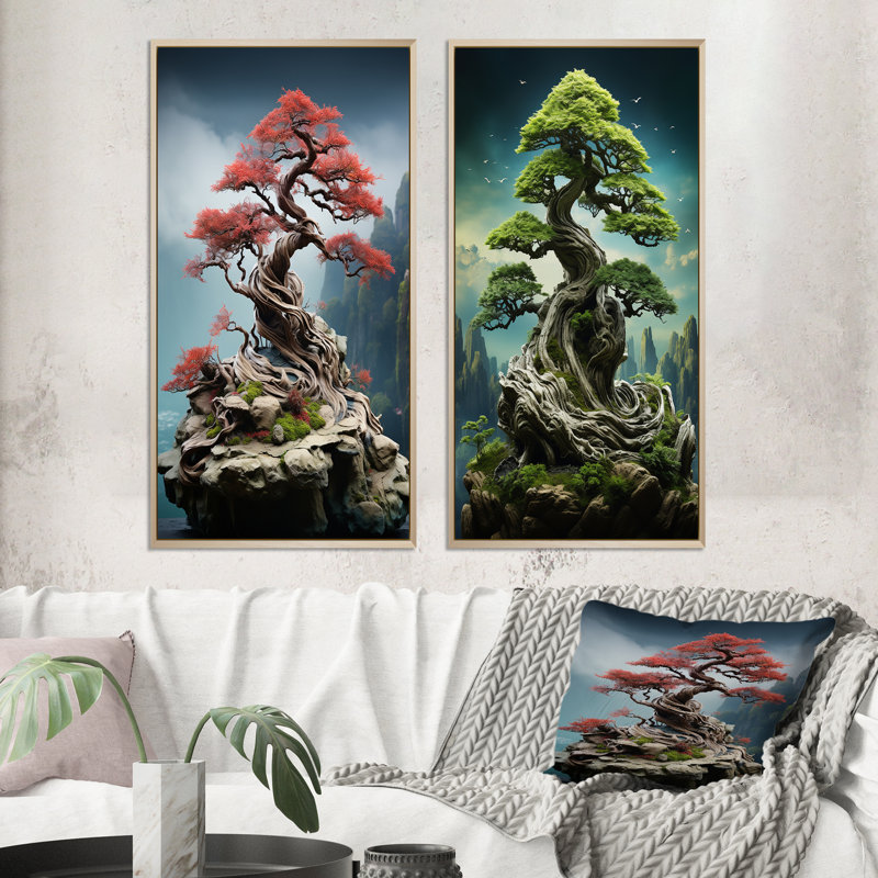 «Asian Art Bonsais Wisdom», 2 pièces sur toile, Encadrement brun, H 20 po x l 24 po