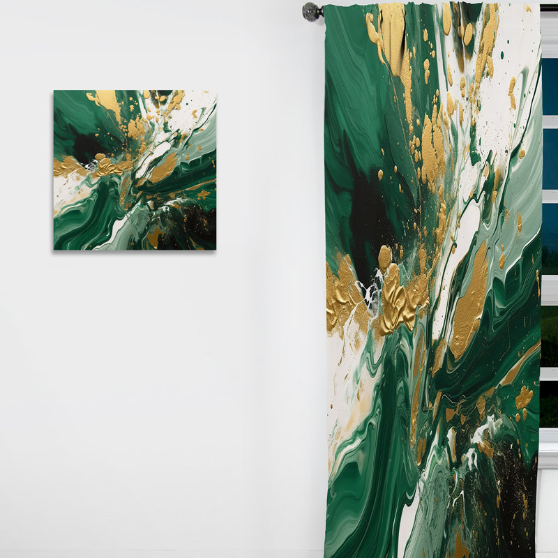 Vert et or liquide Magic I - Rideau abstrait moderne occultant - 1 panneau, L 52 po x L 95 po