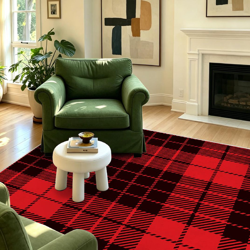 Tapis d'intérieur décoratif à carreaux tartan noir lavable à la machine, Rectangle 39 po x 63 po