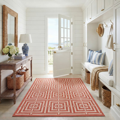 Tapis d'intérieur / extérieur à motif géométrique terre cuite / crème Arneshia