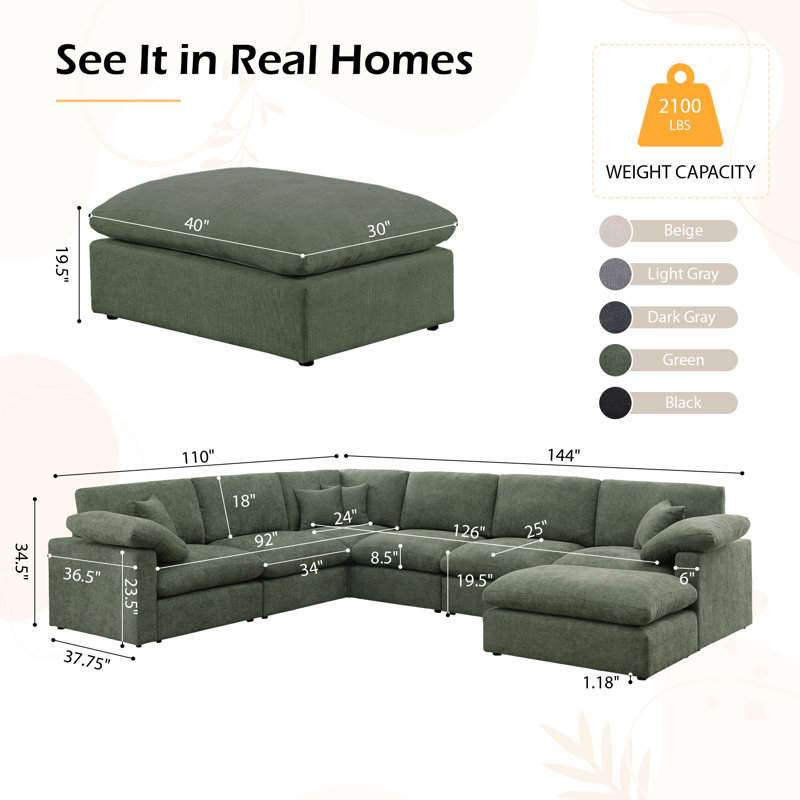 7-Piece Chenille Cloud Sectional Couches, Oversized Corner Sectional Sofa, Green, 144" W x 110" D x 34.5"H, Green