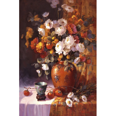 Mums And Persimmons by Maxine Johnston - Wrapped Canvas Print