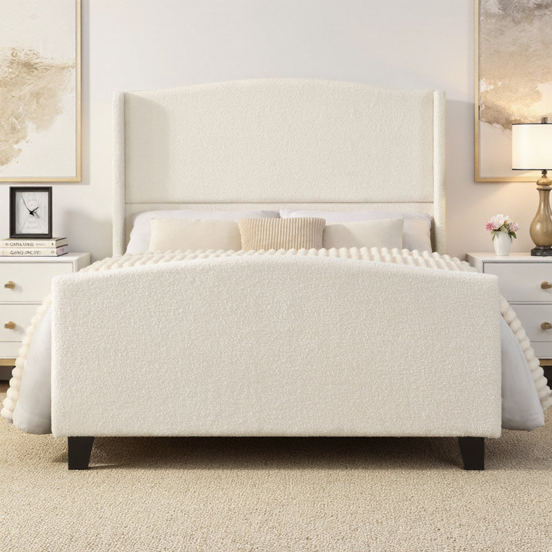 Structure de lit plateforme double avec tête de lit et pied de lit rembourrés de 49,21 po de hauteur, tissu en velours de nounours, support à 12 lattes, pieds en bois massif, aucun sommier requis