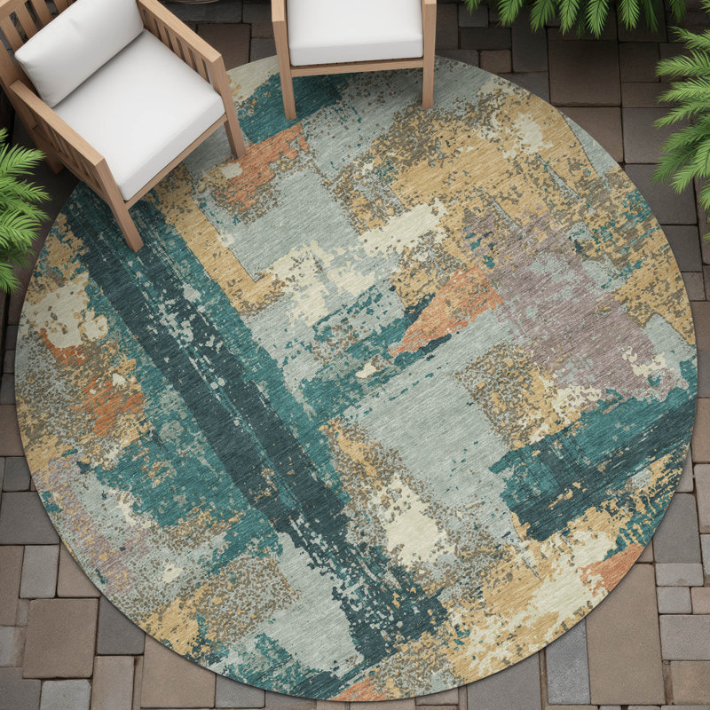 Machine Washable Indoor/Outdoor Husby ACN2212 Abstract Rug, Round 8'