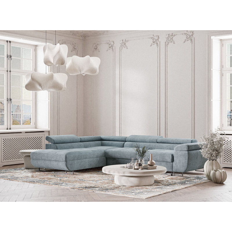 4 Seater Reclining Corner Sofa , Left Hand Facing, Light blue Polyester/Chenille