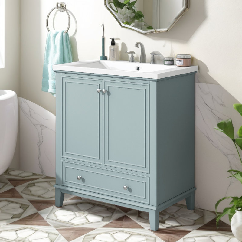 Apsford Solid Wood+MDF Freestanding Bathroom Cabinet,30" Bathroom Vanity with Sink Combo, Light Blue