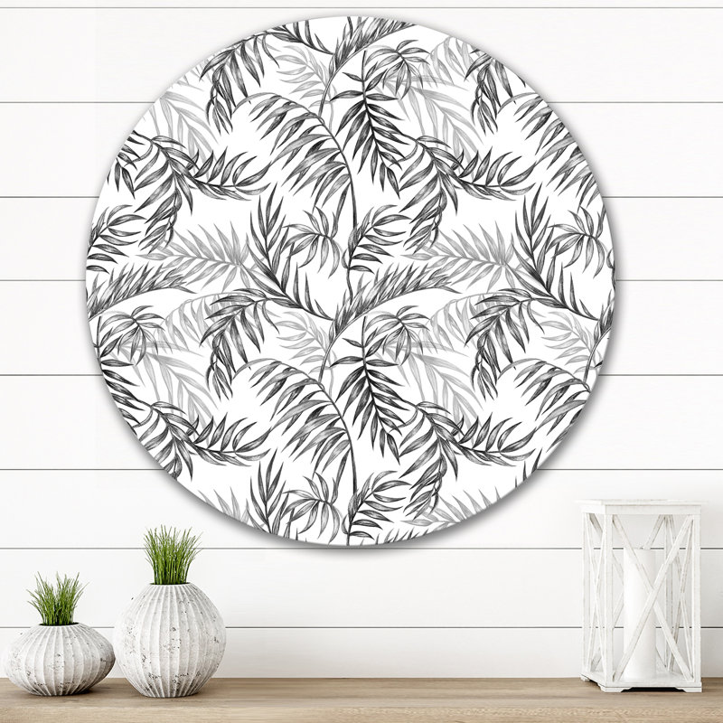 Feuilles de palmier noir et blanc sur fond blanc, H 11 po x l 11 po