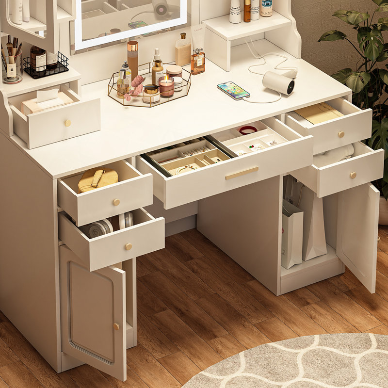Grande coiffeuse avec miroir, 6 tiroirs et tablettes, bureau de commode