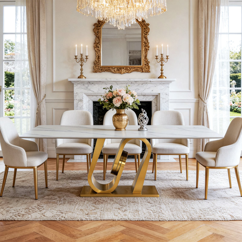 78.74" Luxury Rectangle Sintered Stone Dining Table with Gold Stainless Steel Base