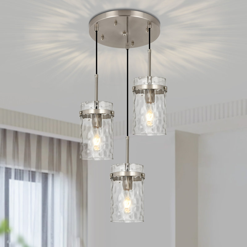 Levona 3-Light Water Hammered Dimmable Glass Kitchen Island Pendant, Brushed Nickel