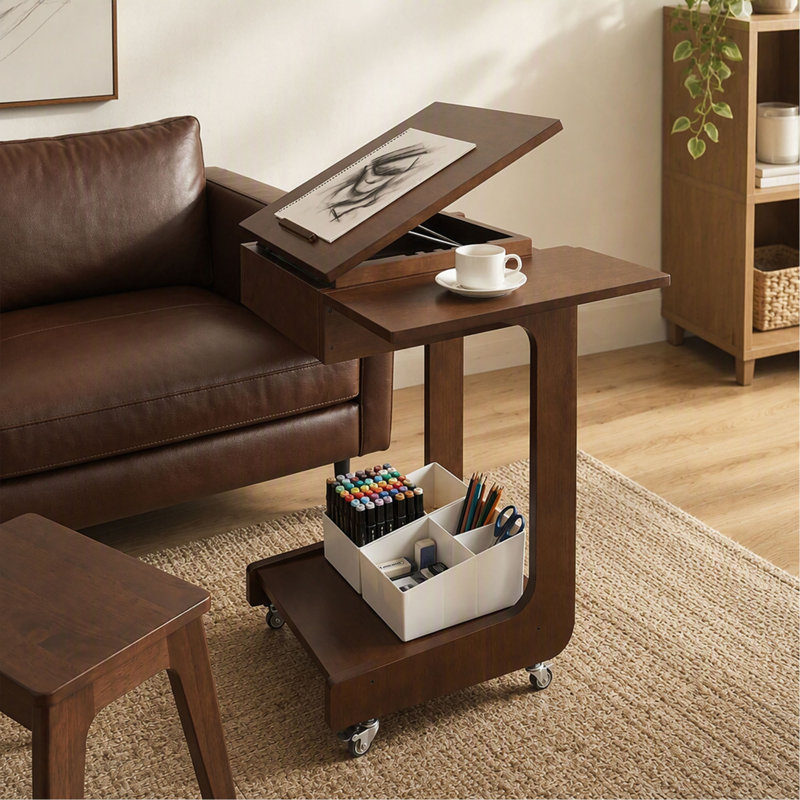 Table d'appoint en forme de C – Roulettes – Plateau pliable et réglable à 360° – Support pour ordinateur portable – Noyer – Bois massif