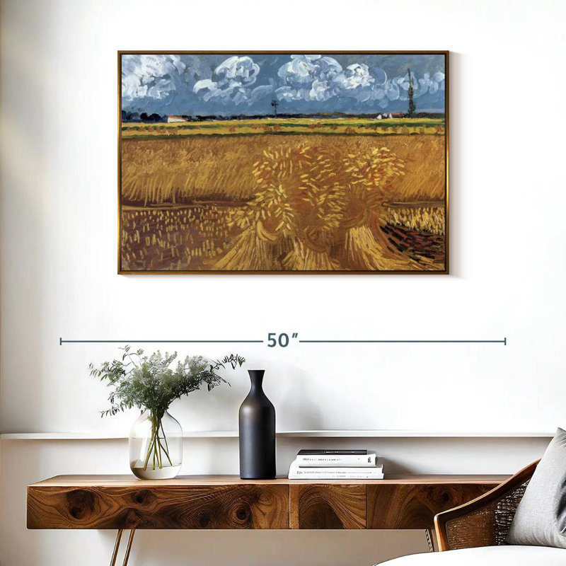 Champ de blé avec réas, Cadre flottant doré, 37 po x 25 po