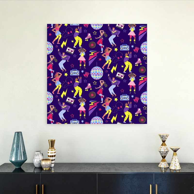 Affiche murale représentant un paysage rétro coloré et énergique de danse disco, H 32 po x l 32 po