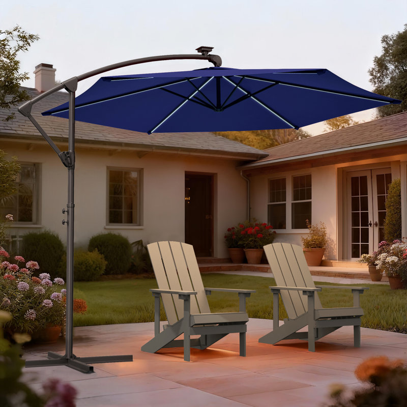 Parasol solaire à DEL de 3 m avec poignée pliable et base en croix, idéal pour terrasse, jardin et piscine, toutes saisons.