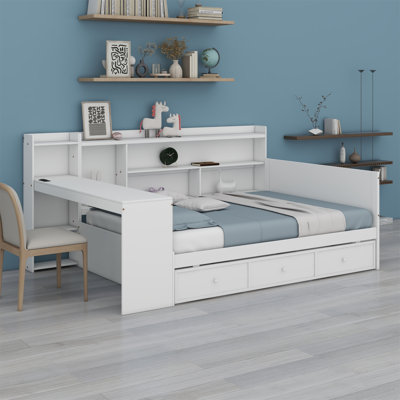 Doralia Wooden Daybed With 3 Drawers, USB Ports And Desk