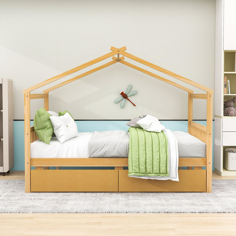 Lit double en bois 2 tiroirs avec pieds centraux et toit, Naturel