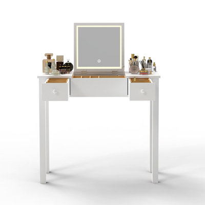 Makeup Vanity Desk With Removable Mirror And Lights, 3 Colour Modes & Adjustable Brightness Dressing Table, Small Vanity Table Set With 2 Drawers For Bedroom, White 31.5"