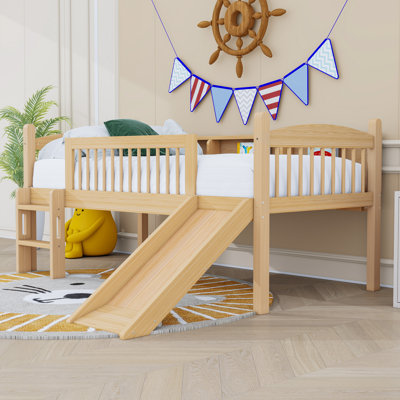 Wooden Low Loft Bed With LED Light, Slide, Shelves And Ladder