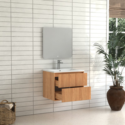 24'' Floating Solid Wood Bathroom Vanity, Wall Mounted With 2 Storage Drawers, Stain - White Resin Integrated Basin, American Design, 19.72 In Height Vanity ,