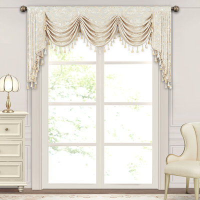 Cantonnière élégante à feston avec pompons, cantonnière en jacquard blanc, habillage de fenêtre 79 po