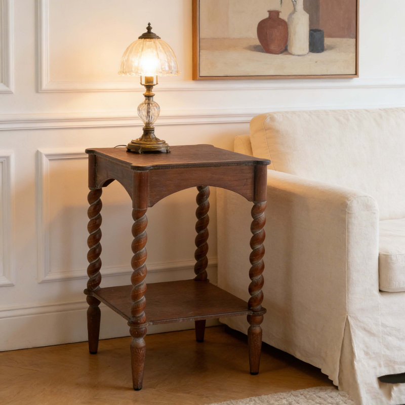 Vintage Solid Wood Spindle Accent Table - Rustic Side Table With Lower Shelf