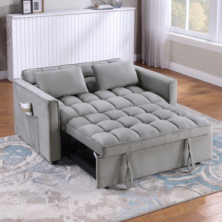 Yasirah 55" Wide Contemporary Solid Color Velvet Tufted Back Twin Sofa Beds with Pocket Storage