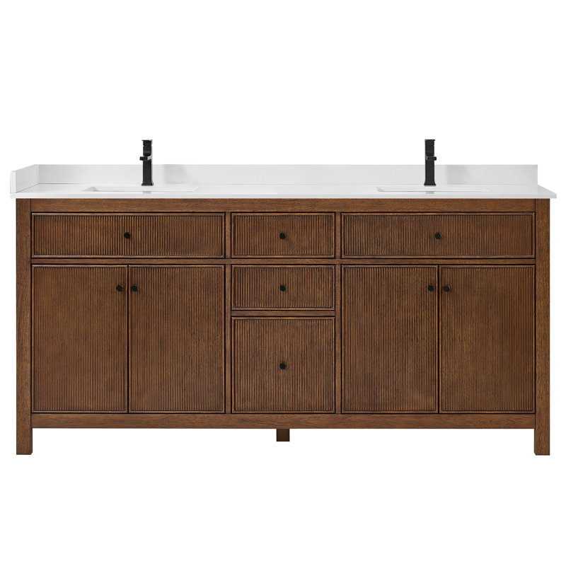 Elan TK 66" Freestanding Double Bathroom Vanity with Cultured Marble Top, White Cultured Marble, Matte Black, Dark Walnut