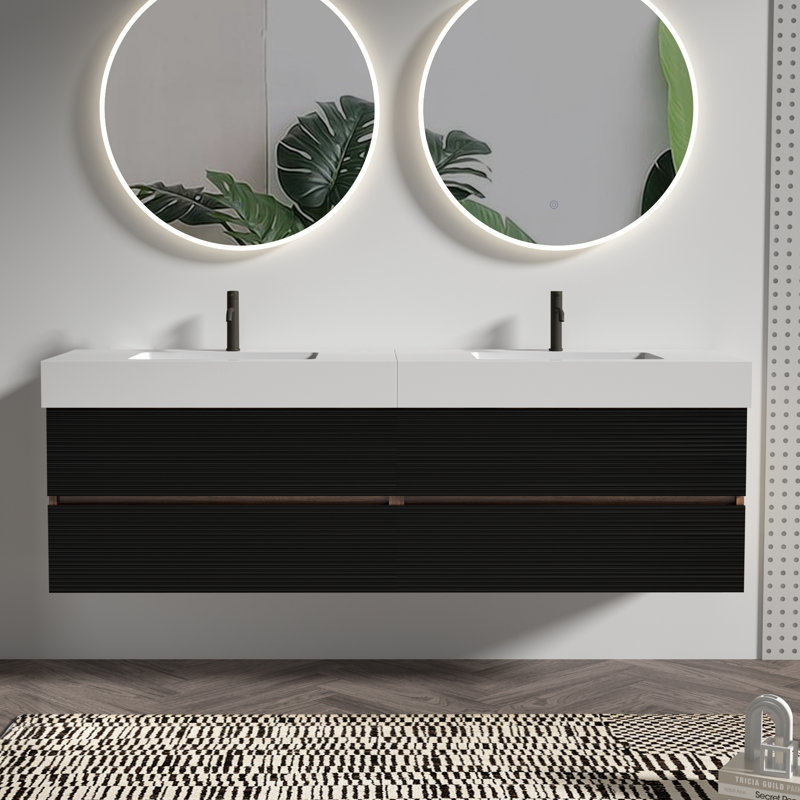 Meuble-lavabo flottant moderne 72 po avec lavabo à quartz noir, finition bois