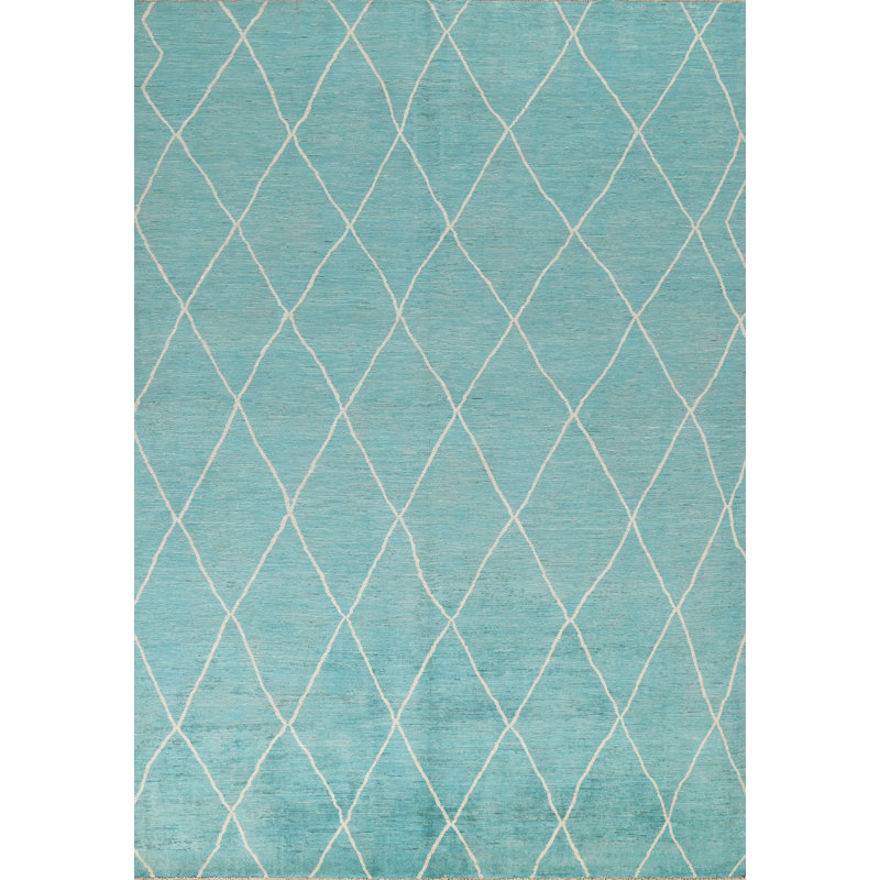 Tapis marocain en laine à motif treillis turquoise à motif végétal noué à la main 8 x 10