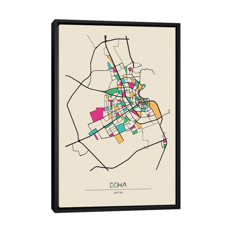 Doha, Qatar Map by Ayse Deniz Akerman - Floater Frame Print on Canvas, Black Floater Frame, 66.04 cm H x 45.72 cm W