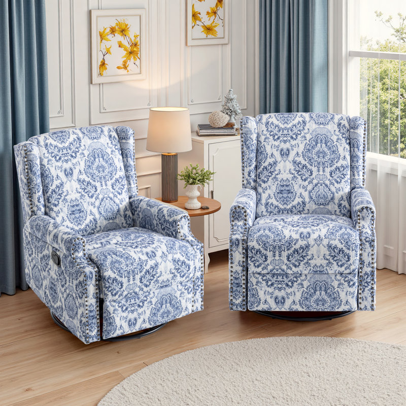 Upholstered Classic Wing Back Manual Handle Swivel Rock Glider Recliner with Naihead Trims, Navy
