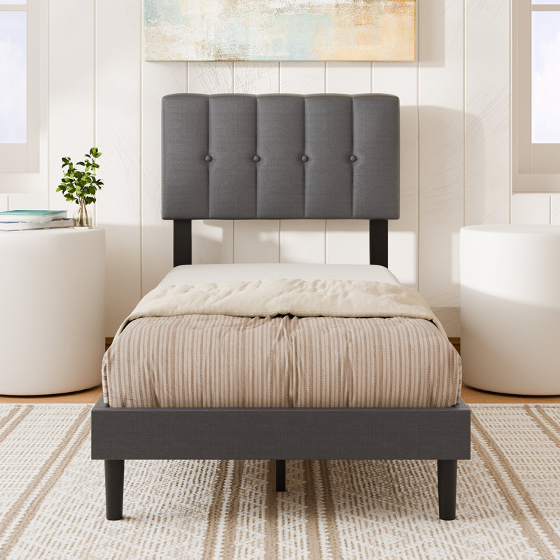 Upholstered Bed Frame with Adjustable Headboard, Twin