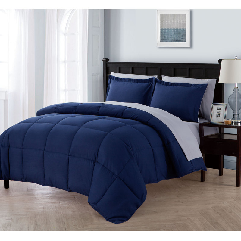 Lincoln Polyester Comforter, Navy Blue with Light Gray, Queen Comforter + 5 Additional Pieces