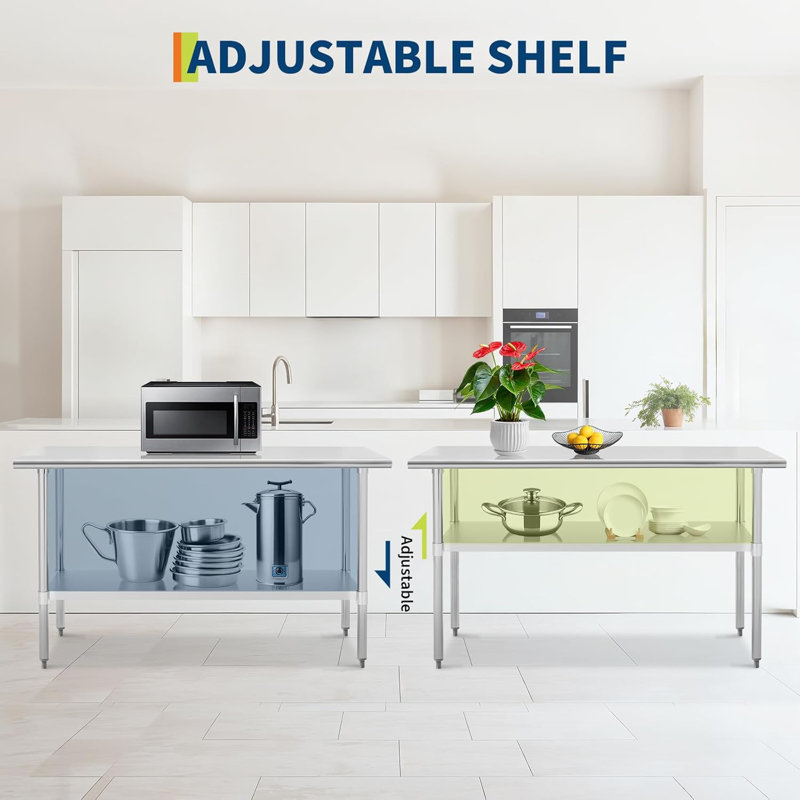 Table robuste en acier inoxydable, table de préparation de cuisine certifiée NSF avec tablette réglable, capacité de 430 + 260 lb, résistante à la rouille et facile à nettoyer pour un usage commercial et domestique