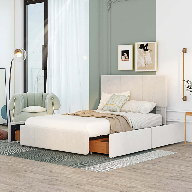 Lit plateforme tapissier avec quatre tiroirs sur deux côtés, tête de lit réglable, Double, Beige / noyer