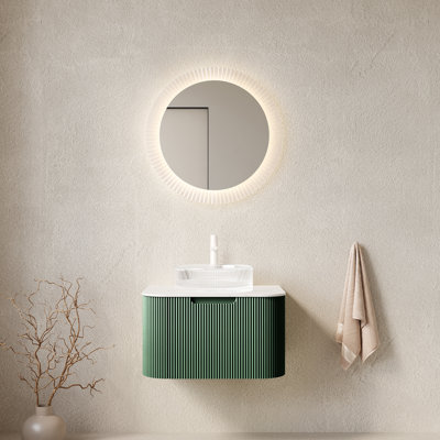Meuble-lavabo de salle de bain 24 po Hesse Dina, armoire de salle de bain en contreplaqué rayé à bords arrondis avec tiroir, vasque en verre cristal transparent et plateau en pierre frittée, pré-assemblé, couleur vert foncé